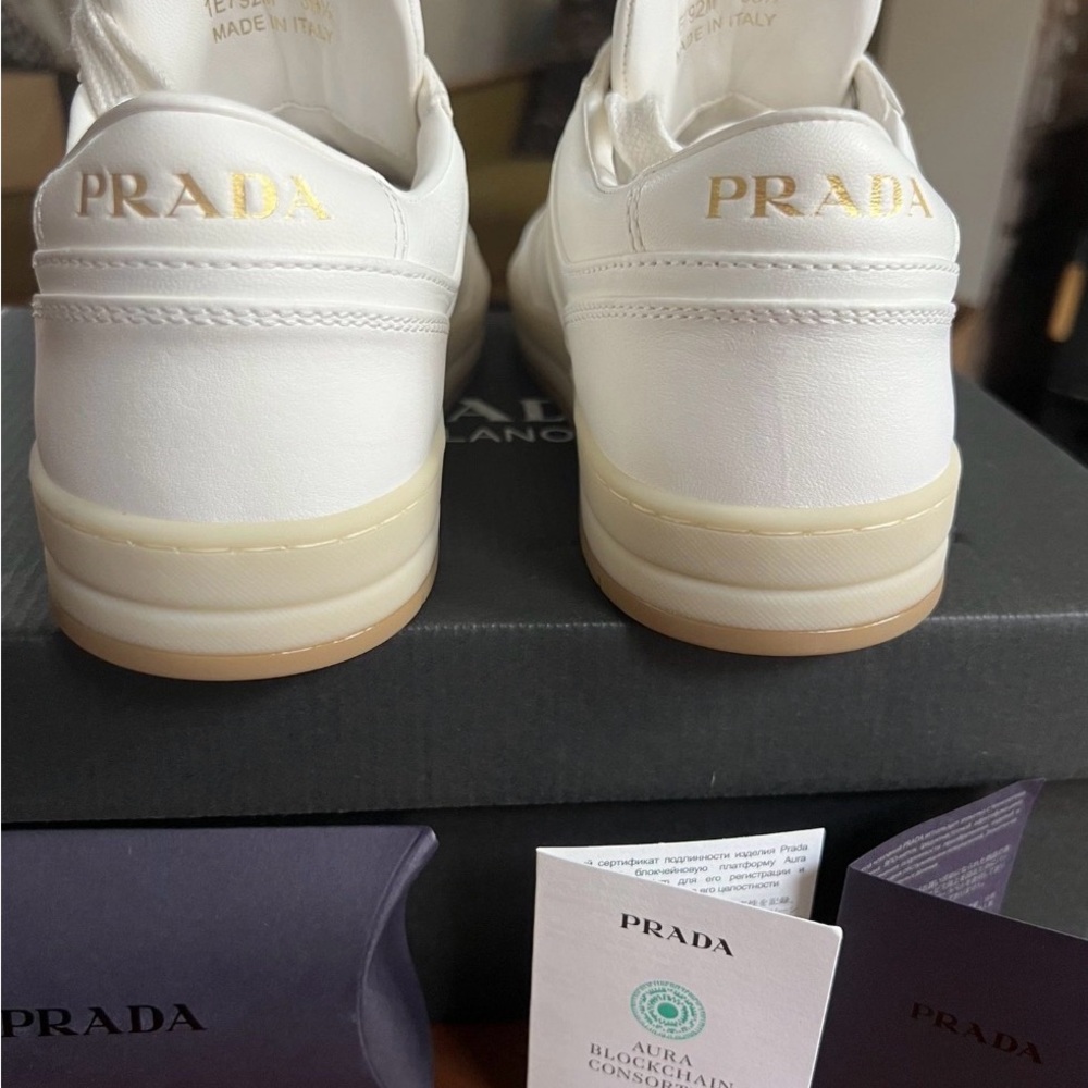 Prada Women’s Cream Leather Low-Top Sneakers with Gold Logo - Picture 8 of 8